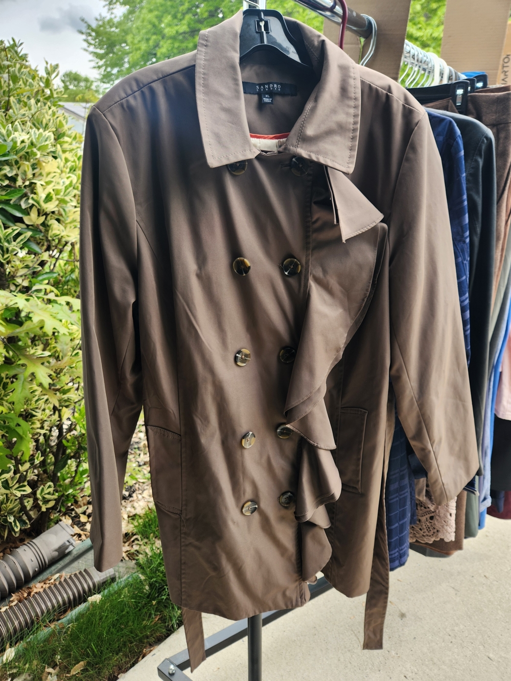 Sandro Brown Ruffle-Front Trench Coat